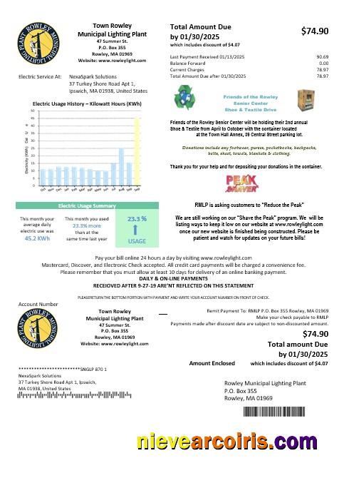 USA Massachusetts Town of Rowley Municipal Lighting Plant electricity business utility bill
